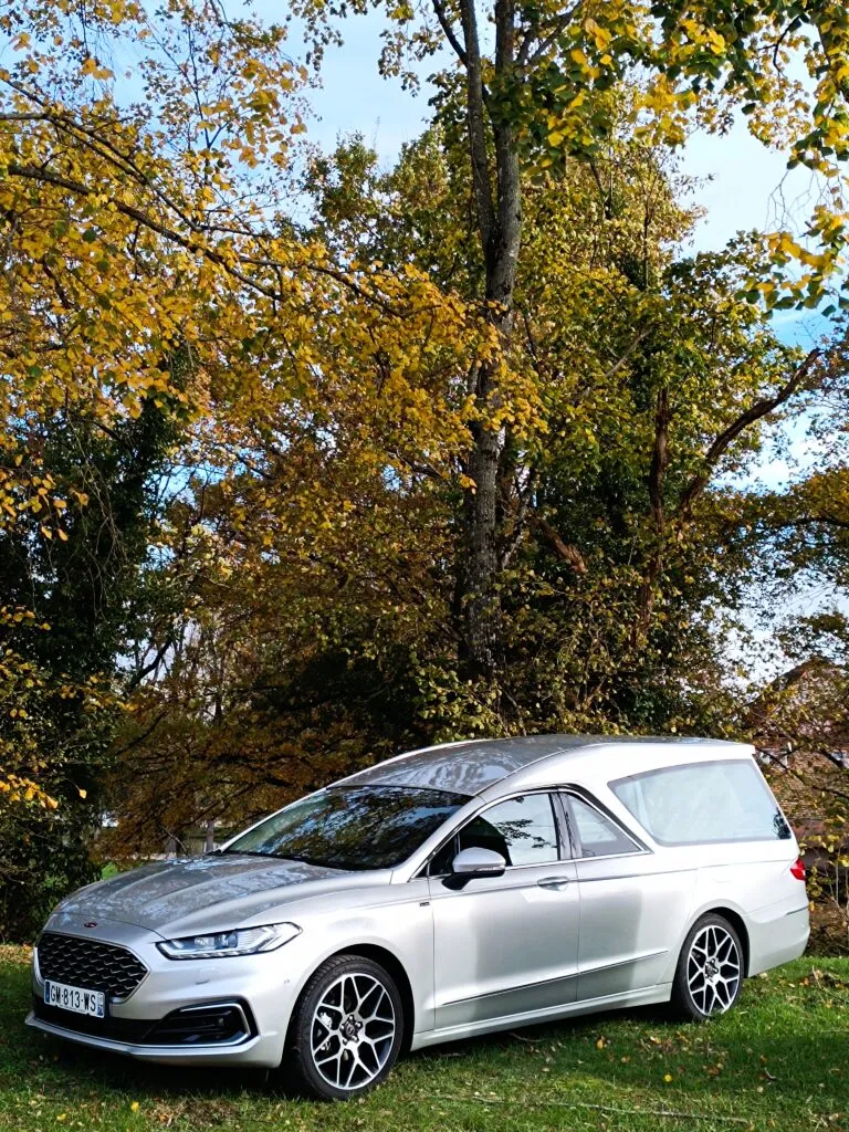 Véhicule corbillard moderne argenté garé devant un parc en automne