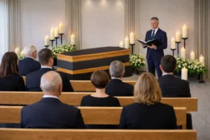 Cérémonie d'hommage funèbre dans une salle de recueillement avec cercueil et bougies