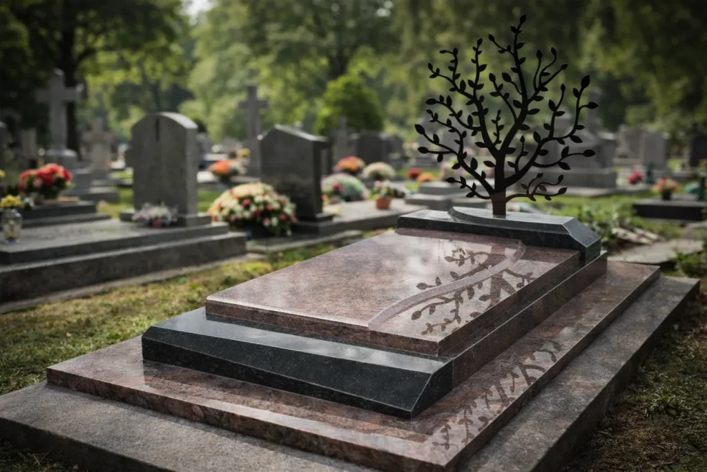 Monument funéraire en granit rose et noir orné d'un arbre de vie en métal dans un cimetière
