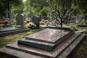 Monument funéraire en granit rose et noir orné d'un arbre de vie en métal dans un cimetière