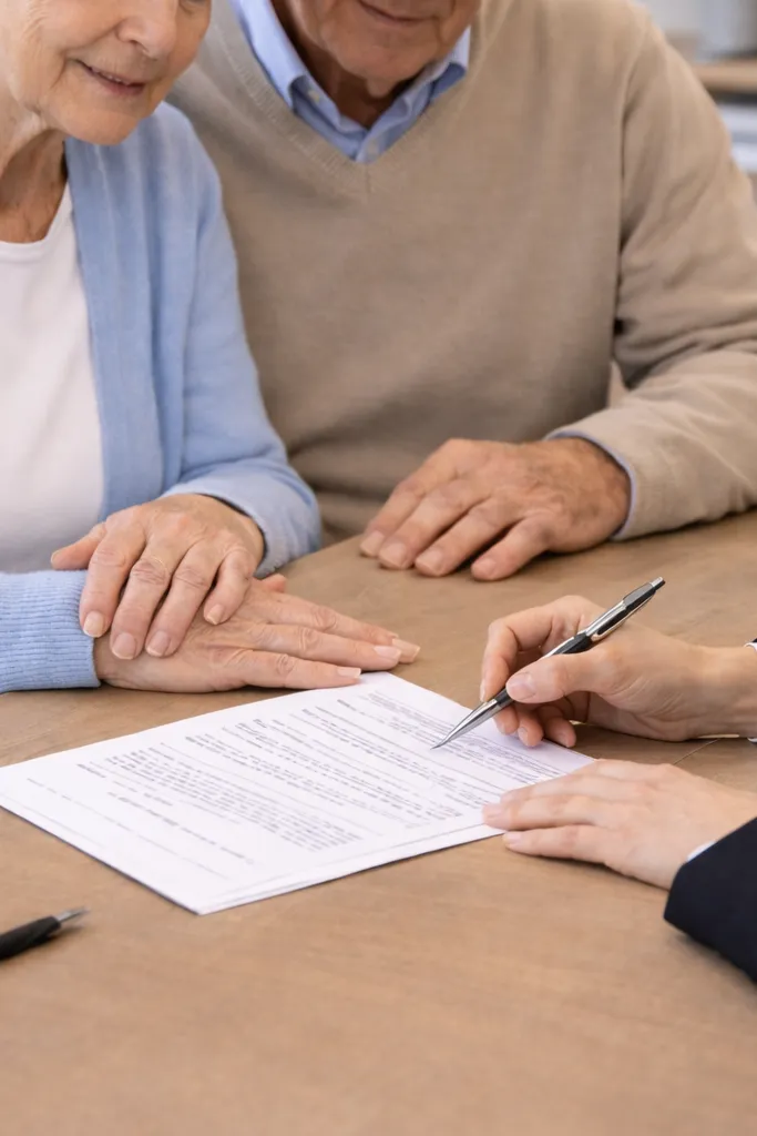 Couple d'assurés signant un contrat de prévoyance obsèques en agence