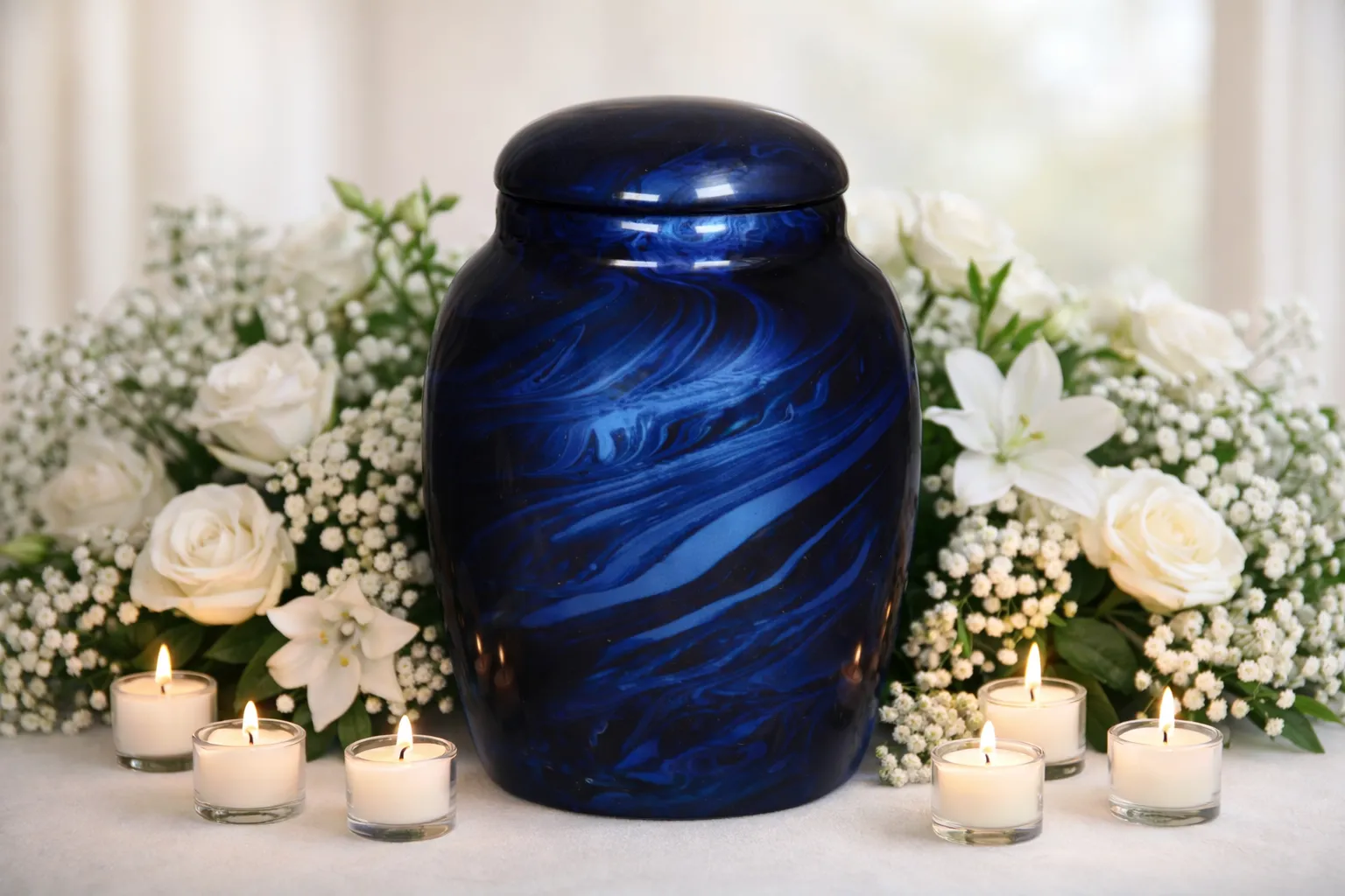Urne funéraire en céramique bleue marbrée entourée de fleurs blanches et bougies