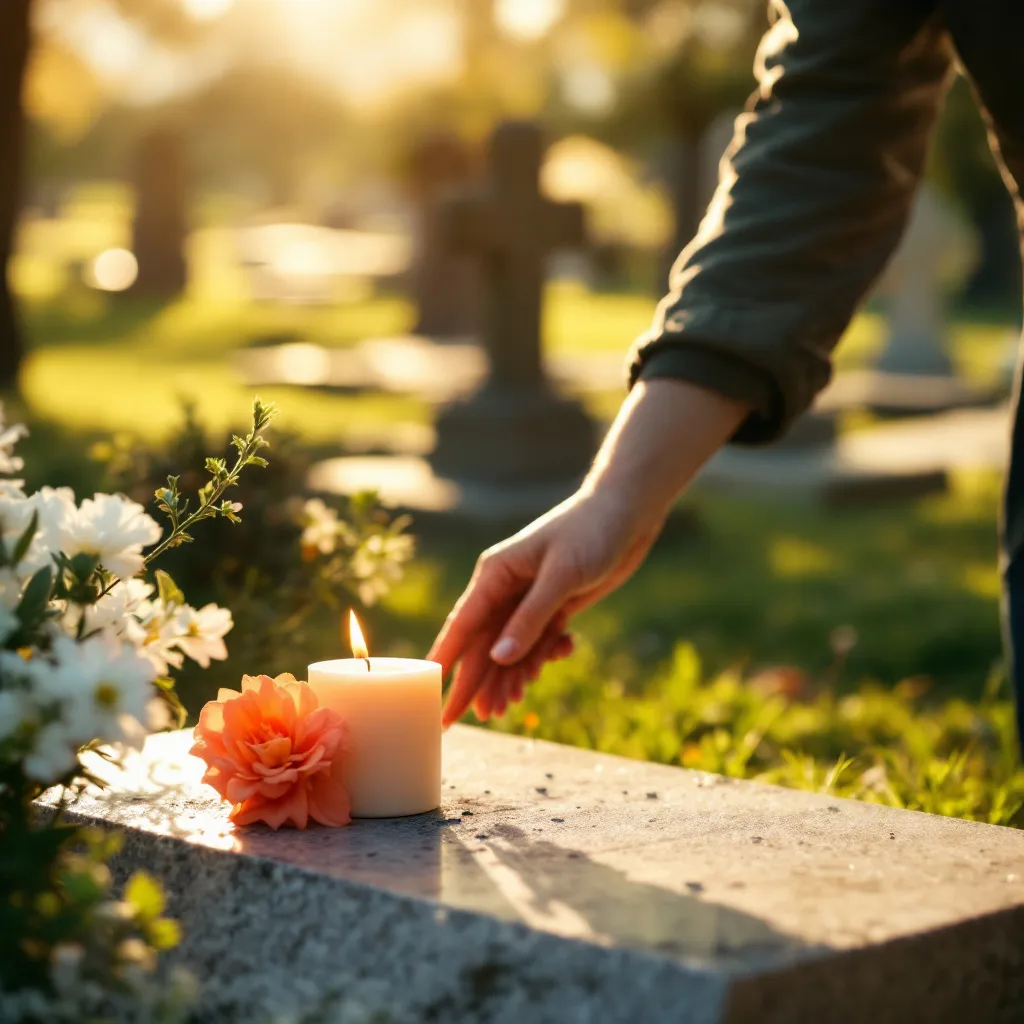 Geste d'hommage avec dépôt d'une bougie et fleur sur une pierre tombale au cimetière